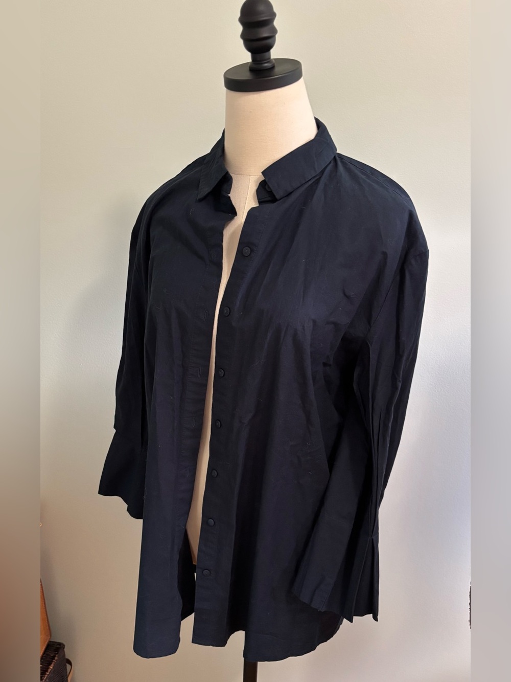 Navy 100% Cotton Button-Up Shirt with Pleated Cuffs